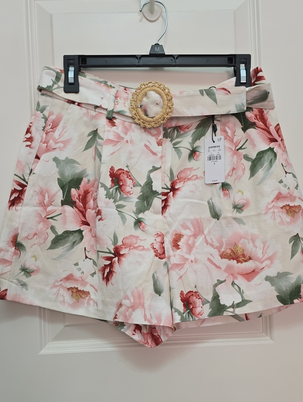 Express Floral Paperbag Waist Shorts in Pink and Cream